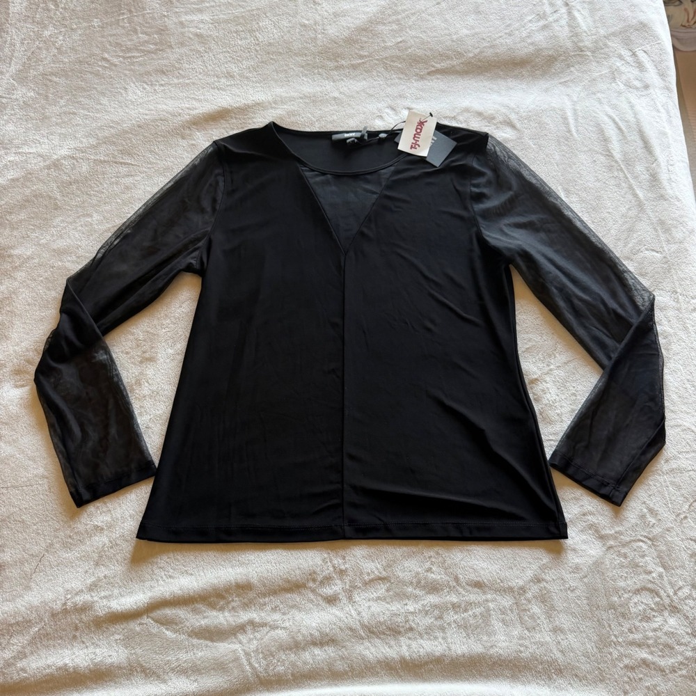 DKNY Women's Black Sheer Mesh Long Sleeve Top Size Large NWT - G0734
